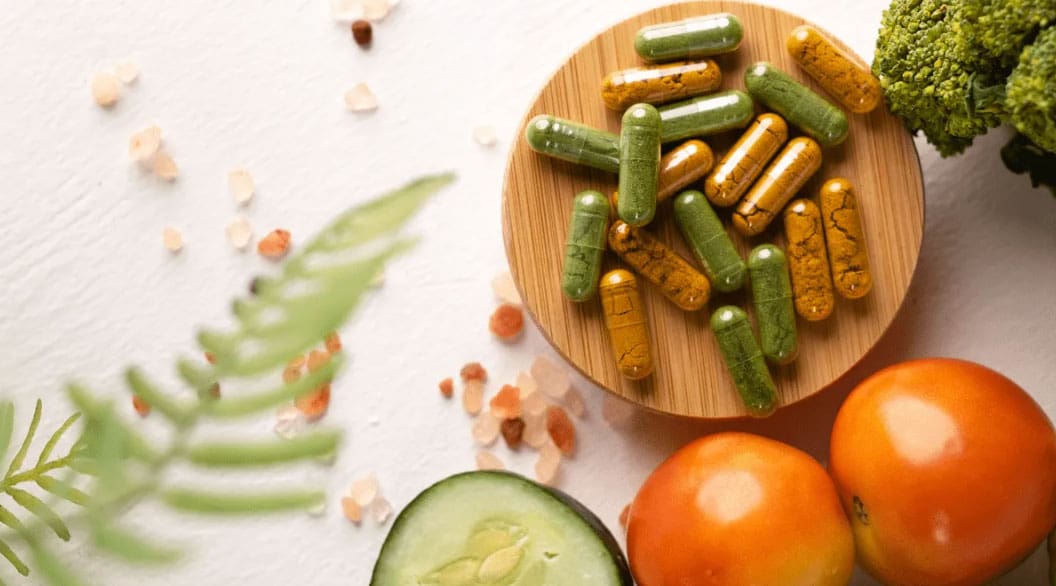 vegetables and pills displayed nicely